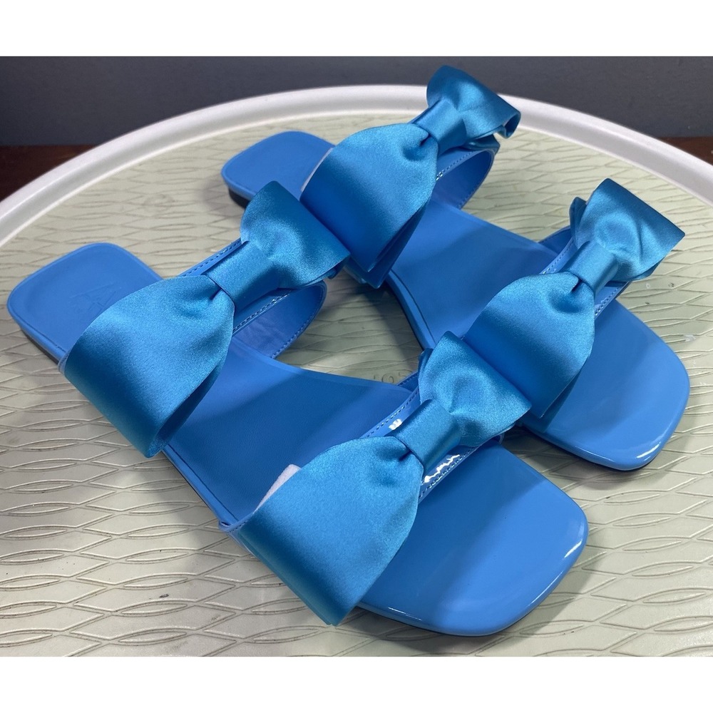 Aminah Abdul Jillil Jody Bow Flat Sandal Blue Square Toe Slide 9M Satin Shoe NWB